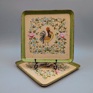 Vintage Rooster Floral Trays: Hand-Painted Papier-Mâché Country Decor (Set of 2)